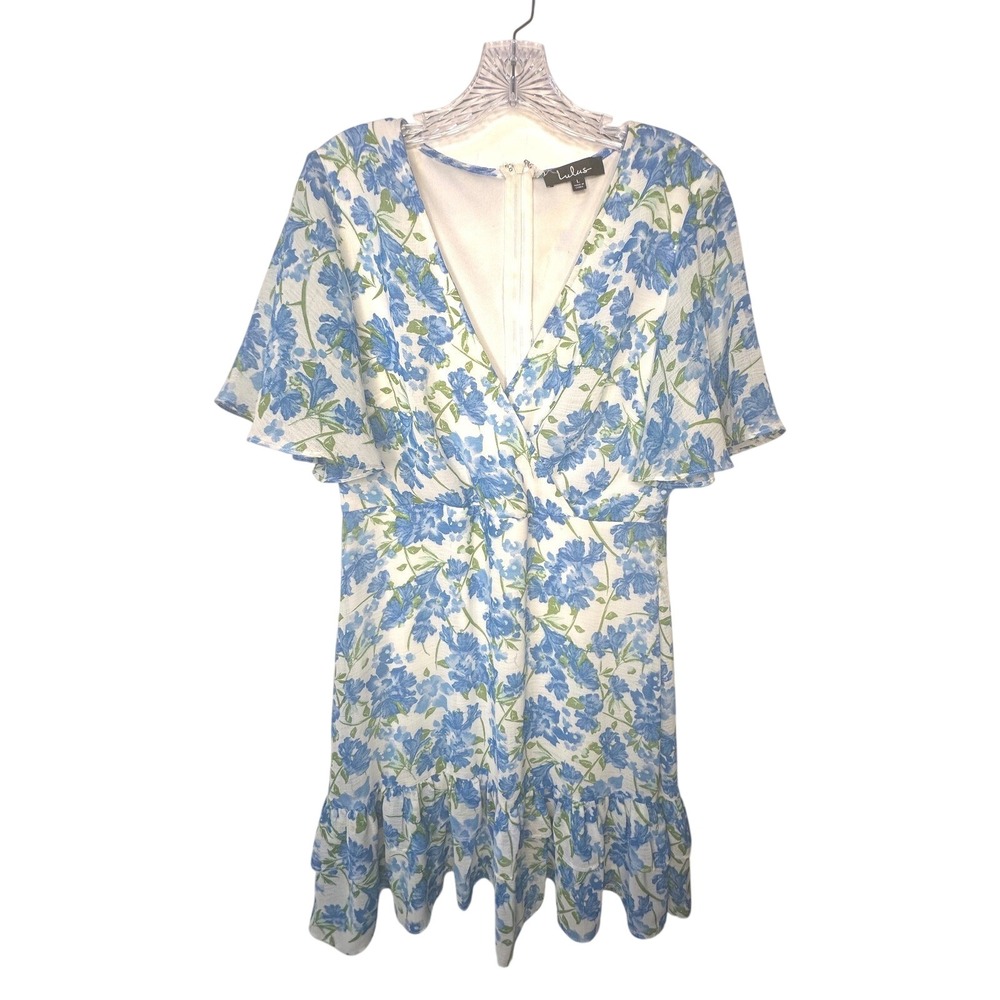 Lulus Floral Mini Dress Womens Large Blue Excellent Chiffon Ruffle V-Neck Boho